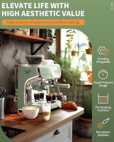 Amaste Espresso Machine with Grinder and Steam Wand, Retro Green