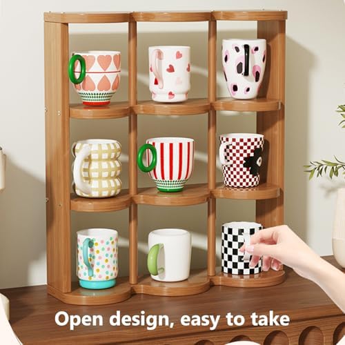 Wooden Coffee Mug Display Rack, Countertop Freestanding Grid Vintage