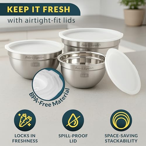Stainless Steel Mixing Bowls with Lids Set of 3, Nesting Metal