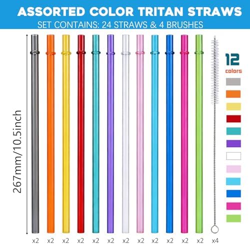 24 PCS Reusable Straws with 4 Brushes, 10.5" Long Tritan Hard Plastic
