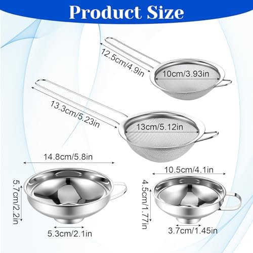 Stainless Steel Funnels with Fine Mesh Strainer - 4 Pack Canning