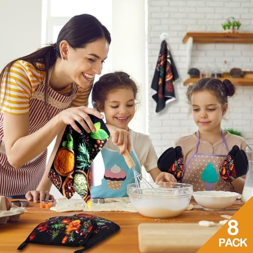 Teenyyou 8 Pcs Colorful Spices Kitchen Towels, Pot Holders and Oven