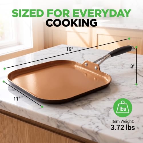 NutriChef Copper Pan Non-Stick Coating Inside, Hard-Anodized Look Heat