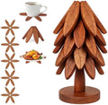 Wooden Trivet Set with Stand, 5 Pcs Tree Leaf Anti‐Slip Pattern Hot