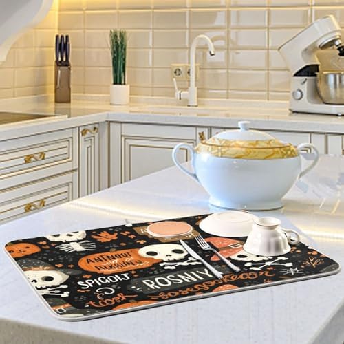 OTVEE Skeleton with Pumpkins Dish Drying Mat for Kitchen Counter