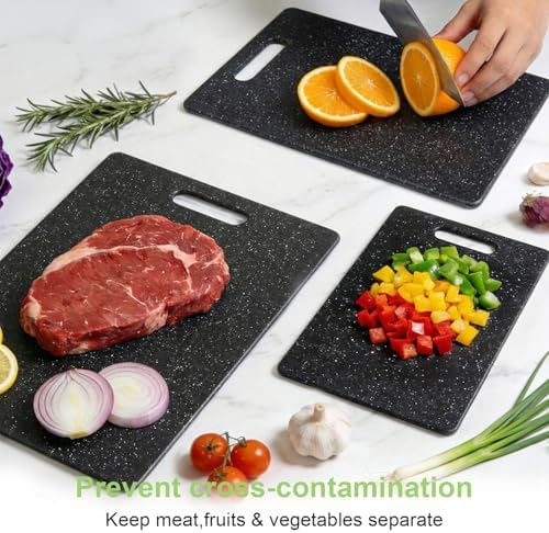 Cutting Board for Kitchen Set of 3 Portable Plastic Non-slip Cutting Boards Mats BPA-Free Reversible Chopping Board for Meat,Vegetables, and Fruits Dishwasher Safe,Easy Grip Handle,Multi Sizes (Black)