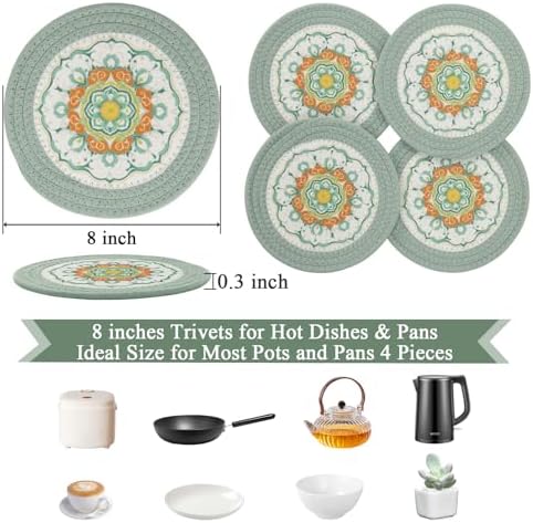 SHACOS Sage Green 8 Inches Trivets for Hot Dishes, 4 Pieces