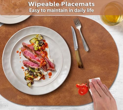 ADRIMER Oval Placemats Set of 4, Wipeable Faux Leather, 4 Colors