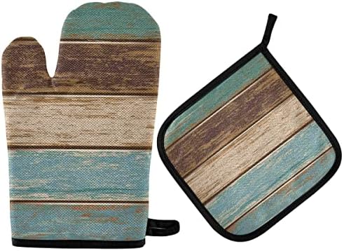 Oven Mitts Quilted Cotton Lining Farm Wooden Texture Potholders BBQ