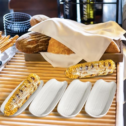 Cinf Ceramic Corn Cob Holders Set of 4, 8.8" White Serving Dishes