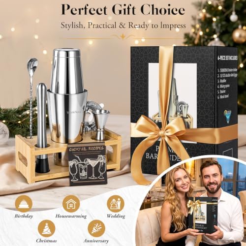 Boston Cocktail Shaker Kit with Bamboo Stand, Home Bar Party Gift