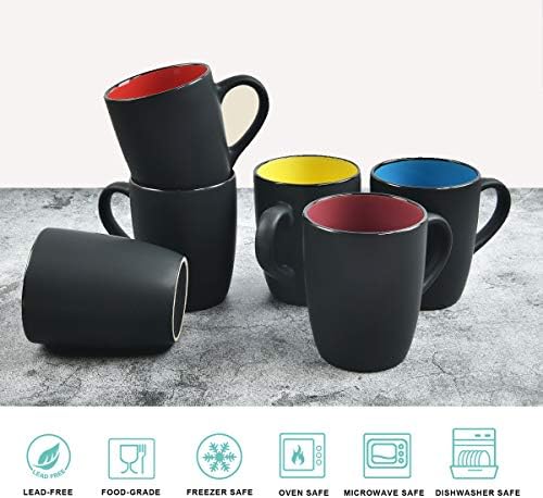 Lifecapido Set of 6 Modern Black Ceramic Coffee Mugs, 16 Ounce