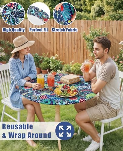 Moosfor Printed Spandex Round Tablecloth Fitted Table Cloth for 36-44