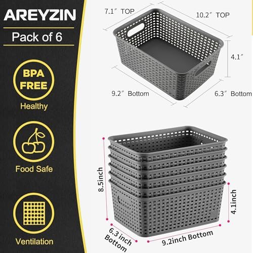 AREYZIN Plastic Storage Baskets, 6 Pack, Gray