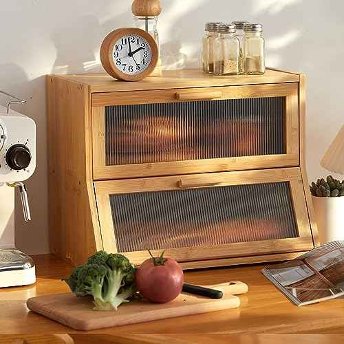 GHWIE Double Layer Bamboo Bread Box for Kitchen Counter,Large Capacity Bread Storage Bin,Bread Container with Acrylic Wavy Door Panel (Natural, Medium)