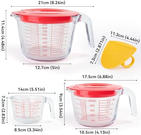 6 Pieces Glass Measuring Cups Set, 1-Cup, 2-Cup, 4-Cup with Lids