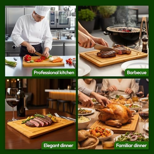 BH&DT Bamboo Cutting Board Set of 3 with Juice Grooves and Built-In