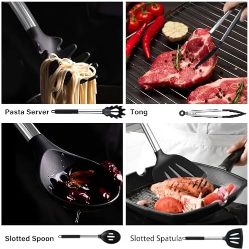 KSENDALO Cooking Utensils Set of 26, Black Silicone