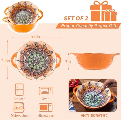Boho Ceramic Serving Bowls with Handles Set of 2, Ceramic Large