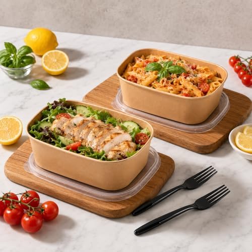 50 Disposable Meal Prep Containers 29oz Kraft Paper Bowls with Lids &