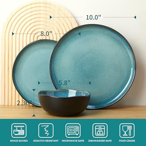 Pokini Stoneware Dinnerware Sets for 8, 24Pcs Ceramic Plates and Bowls Sets