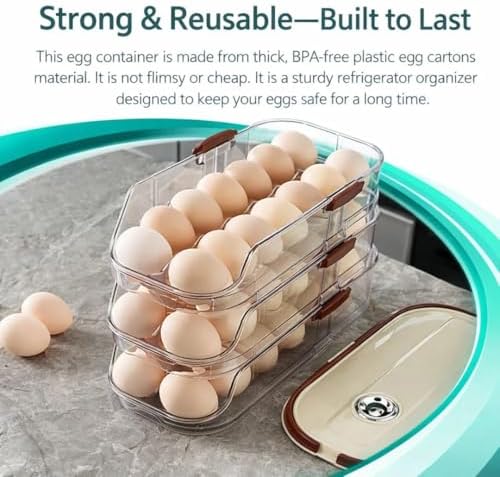 Egg Organizer for Refrigerator, 3-Tier Auto-Roll, Holds 42 Eggs