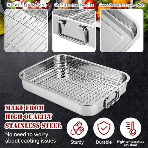 2 Set Stainless Steel Roasting Pan with Rack 15.5 13 Inch