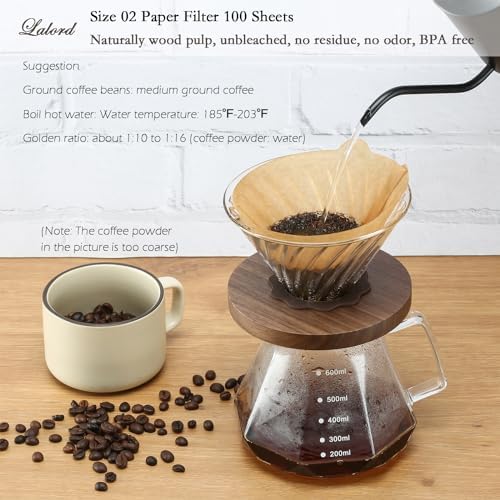 Lalord Pour Over Coffee Dripper with 100 pcs Size 02 Paper Filter