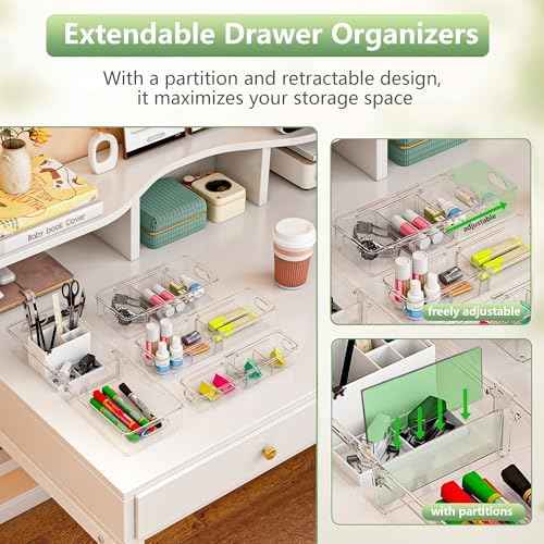BLULEE 4-in-1 Expandable Drawer Organizer Set, Adjustable Clear Bins