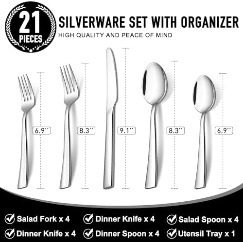 21 Pcs Kitchen Silverware Set with Organizer Tray Fork Spoon Knife