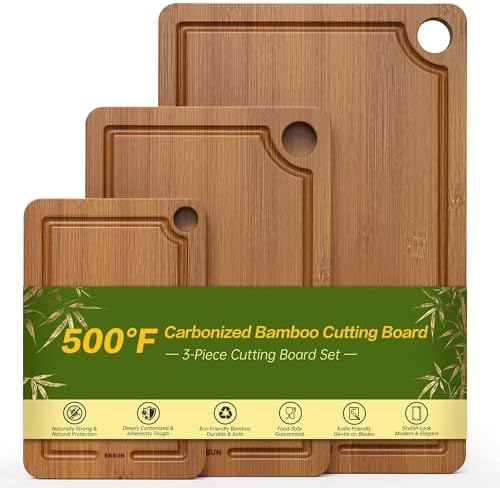 Bamboo Cutting Board for Kitchen, 3-Piece Set with Juice Grooves, Side Handles & Non-Slip Mats – Durable Bamboo Chopping Board for Meat, Vegetables and Fruits