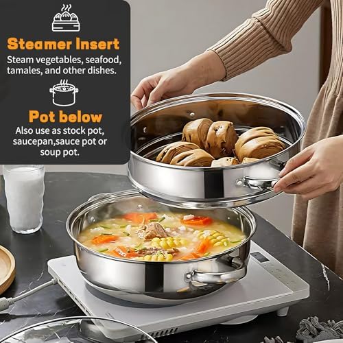 2-Tier 28cm 304 Stainless Steel Steamer Pot with Glass Lid,for Dumplings, Seafood, Veggie Stews & Homemade Soups