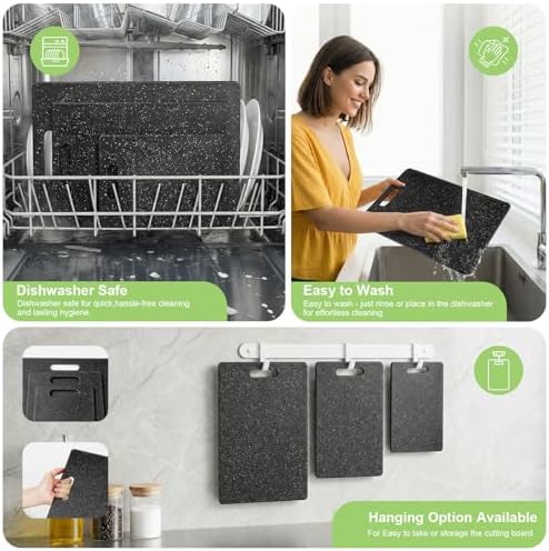 Cutting Board for Kitchen Set of 3 Portable Plastic Non-slip Cutting Boards Mats BPA-Free Reversible Chopping Board for Meat,Vegetables, and Fruits Dishwasher Safe,Easy Grip Handle,Multi Sizes (Black)