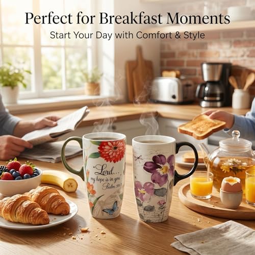 Topadorn 17oz Ceramic Travel Mugs Set of 2, Floral Coffee Mugs with