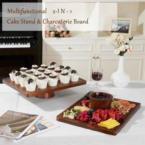 Acacia Wood Cake Stand with Lid,2-in-1 Large Rectangular Cake