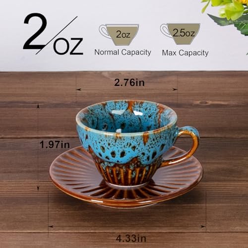 2 oz Espresso Cups and Saucers Set of 2, Ceramic Tea Cup for Latte