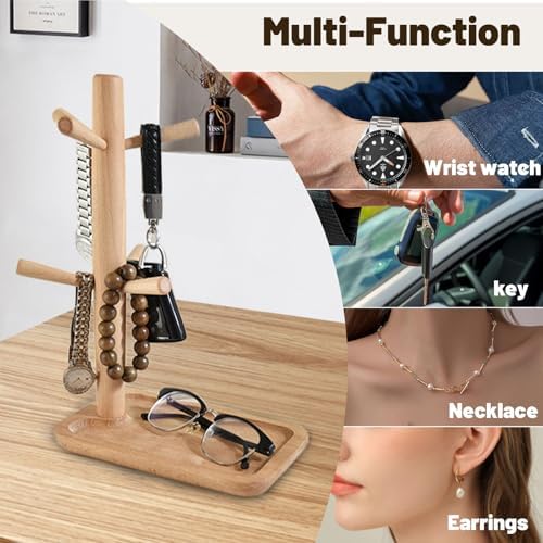 Wooden Coffee Mug Tree, Mug Holder with 6 Hooks and Storage Base