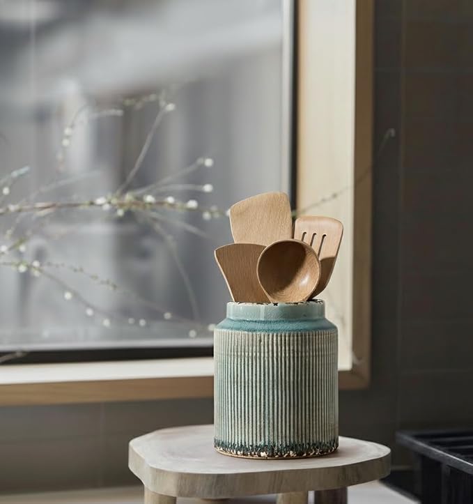 JIEMEI HOME Kitchen Utensil Holder, 6.77" Ceramic Farmhouse Stable Utensil Crock - Image 6