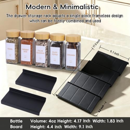 Spice Drawer Organizer with 20 Spice Jars and 184 Labels for Kitchen