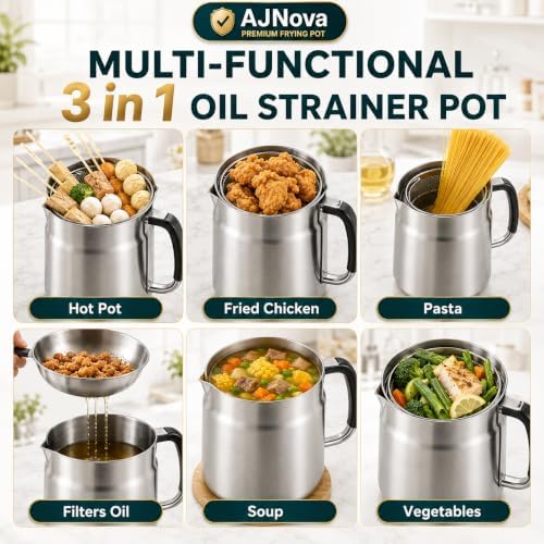 Oil Filter Pot, 68oz 2L, 304 Stainless Steel Cooking Oil Strainer