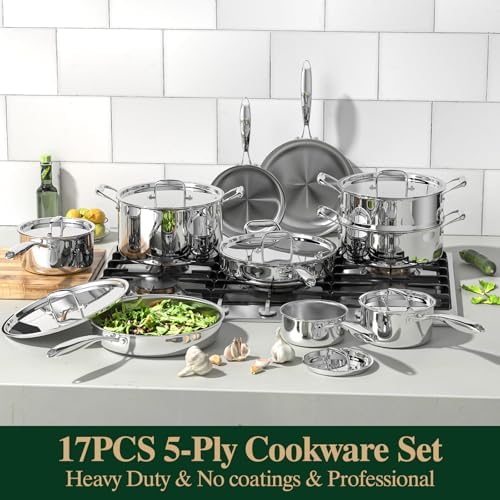 Umite Chef 17Pcs 5 Ply Clad Stainless Steel Cookware Set with Lids, Heavy Duty Pots and Pans Kitchen Set, Induction-Ready, Dual Aluminum Core for Even Heat, Cool Grip Handles, Dishwasher Safe