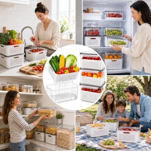 Fruit Storage Containers with Removable Colander and Lid, 8-Pcs