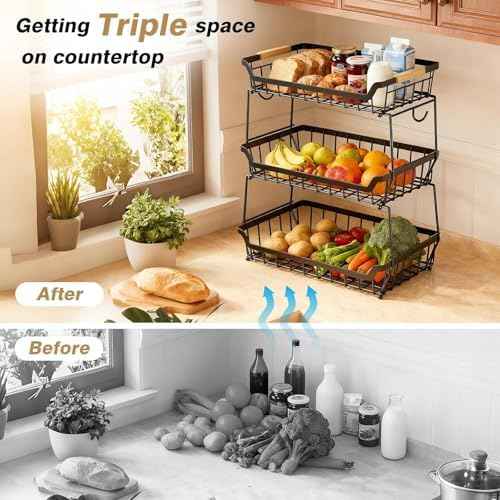 3 Tier Fruit Basket with 2 Banana Hangers for Kitchen Counter