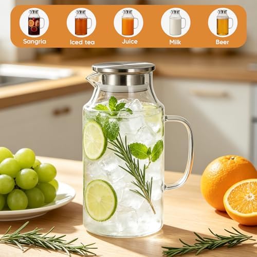 Short 2 Liter Glass Pitcher with Lid and Handle, 68 oz Borosilicate