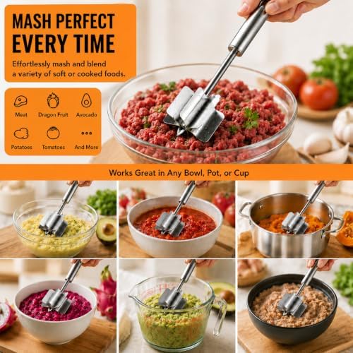 304 Stainless Steel Meat Masher 10.2 inch 6 Blade ground beef masher