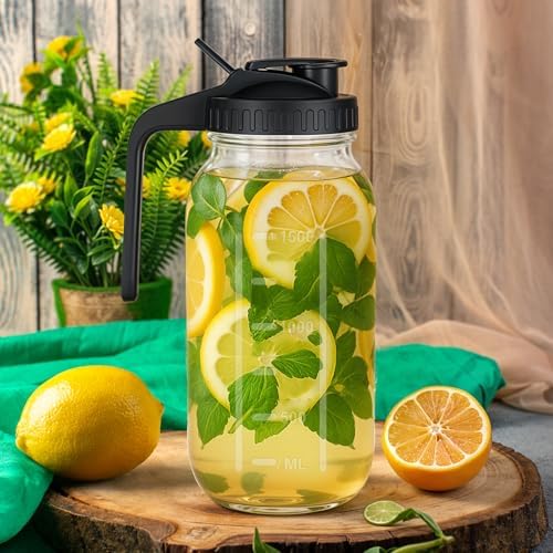 3 Pack Glass Mason Jar Pitcher with Pour Spout Lid, 64OZ Leak-proof