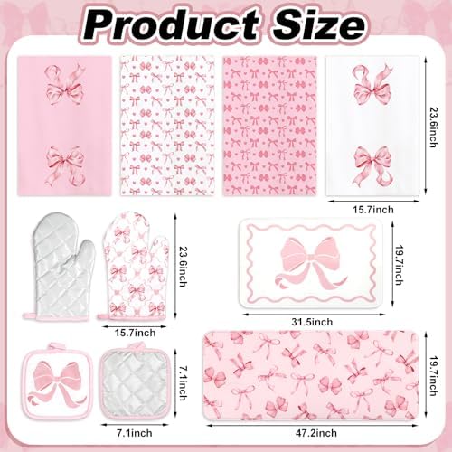 JarThenaAMCS 10Pcs Pink Bow Kitchen Dish Towels Rugs Oven Mitts and