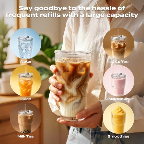 Iced Coffee Cups with Lids, 20oz Ribbed Glass Tumbler with Straw and