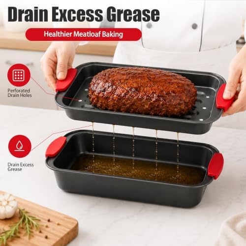 2 Piece Meatloaf Pan with Drain Tray, Nonstick Carbon Steel Loaf Pan