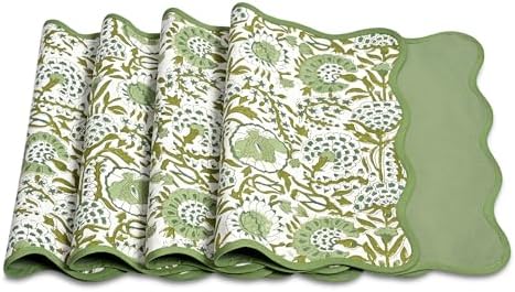 CPC Agate Green Block Print Reversible Scallop Placemat 14x20 Inch Set